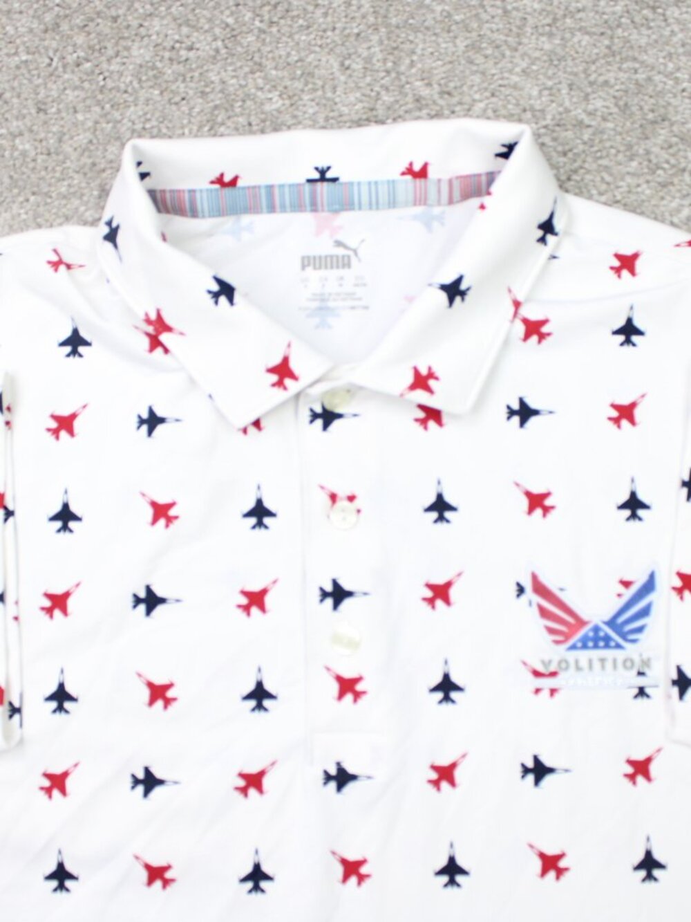 Puma Volition AOP Polo Shirt Mens Small White Fighter Jet All Over Print S/S